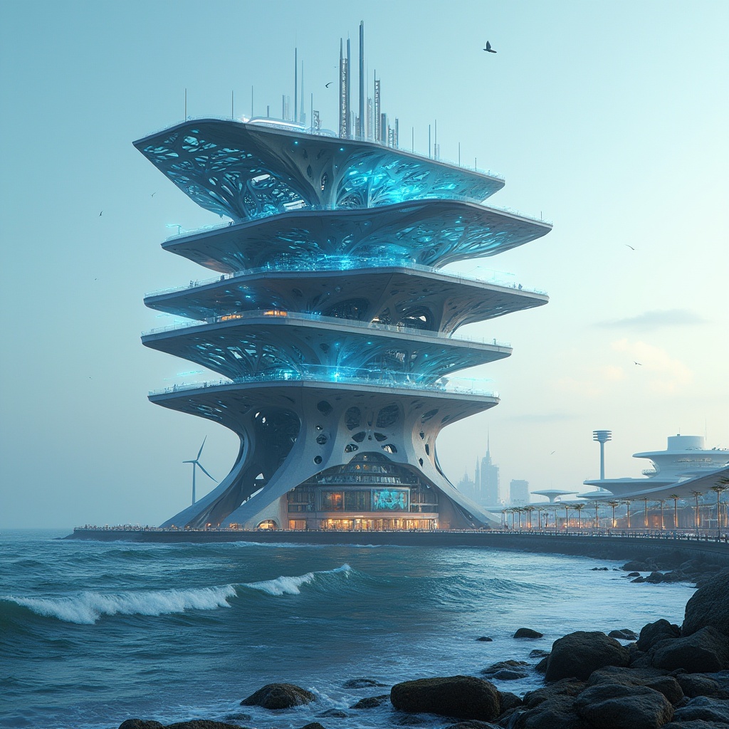 Prompt: Futuristic watchtower, sleek metallic latticework, glowing blue LED lights, undulating waterfront promenade, waves crashing against rocks, seagulls flying overhead, misty ocean air, modern angular architecture, cantilevered observation decks, floor-to-ceiling glass windows, minimalist interior design, sustainable energy harvesting systems, wind turbines, solar panels, green roofs, eco-friendly materials, innovative cooling technologies, shaded outdoor spaces, vibrant colorful accents, intricate geometric patterns, 3/4 composition, panoramic view, realistic textures, ambient occlusion.