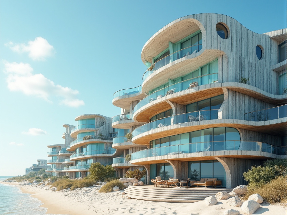 Prompt: Curved coastal buildings, ocean-inspired facades, wave-like balconies, sea-salt resistant materials, weathered wood textures, nautical-themed railings, beachy color schemes, turquoise accents, driftwood decorations, ocean-breeze ventilation systems, large glass windows, sliding doors, outdoor living spaces, seaside promenades, sandy dune surroundings, clear blue skies, sunny day, soft natural lighting, shallow depth of field, 3/4 composition, realistic renderings, ambient occlusion.