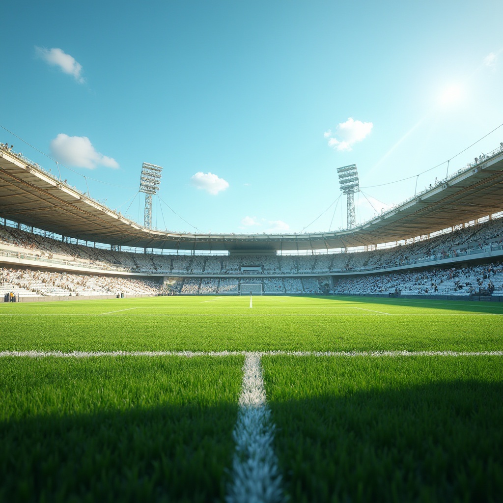 Prompt: Vibrant sports stadium, lush green grass, bold white lines, dynamic track lanes, athletic equipment, goalposts, scoreboards, spectator seats, bright floodlights, clear blue sky, warm sunny day, shallow depth of field, 3/4 composition, panoramic view, realistic textures, ambient occlusion.