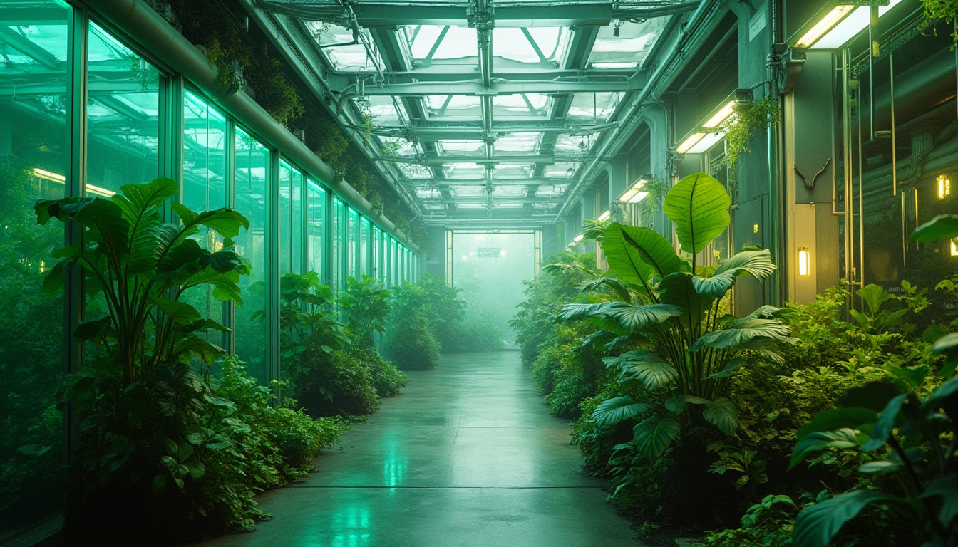 Prompt: Vibrant futuristic greenhouse, lush tropical plants, iridescent glass surfaces, neon-lit hydroponic systems, sleek metallic frameworks, verdant walls, misty atmosphere, soft natural lighting, shallow depth of field, 3/4 composition, panoramic view, realistic textures, ambient occlusion, emerald green accents, lime green hues, chartreuse highlights, earthy brown tones, misty blue undertones, glowing LED lights, futuristic machinery, innovative irrigation systems.