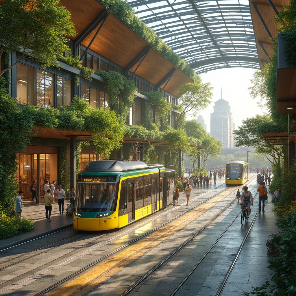 Prompt: Vibrant tram station, lush green walls, living roofs, natural stone floors, wooden accents, modern architecture, large skylights, glass ceilings, panoramic city views, busy urban atmosphere, morning commute, soft warm lighting, shallow depth of field, 3/4 composition, realistic textures, ambient occlusion, integrated landscape design, native plant species, water features, public art installations, pedestrian-friendly spaces, accessible walkways, cyclist facilities, sustainable transportation hub.