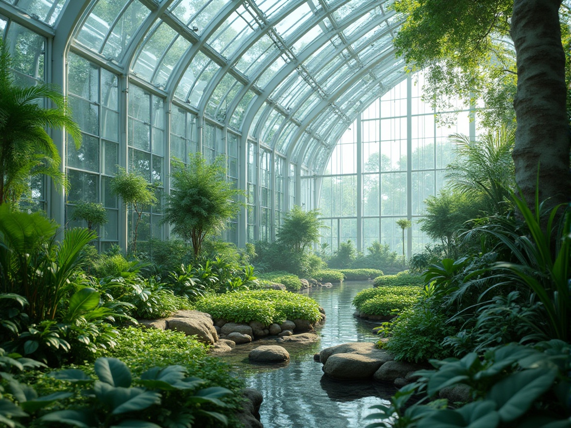 Prompt: Futuristic greenhouse, curved glass architecture, iridescent solar panels, hydroponic systems, misting irrigation networks, lush tropical plants, vibrant greenery, advanced climate control, aerodynamic ventilation, translucent polycarbonate walls, sleek metal frames, sustainable energy harvesting, organic fertilizer systems, automated pruning robots, soft diffused lighting, shallow depth of field, 3/4 composition, panoramic view, realistic textures, ambient occlusion.