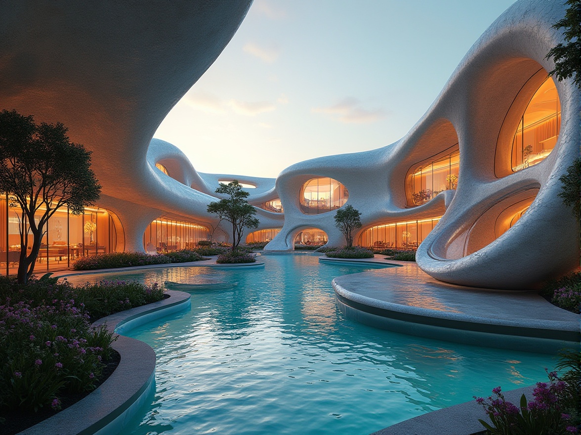 Prompt: Undulating curves, flowing arches, sinuous lines, organic shapes, futuristic architecture, sleek metal structures, iridescent glass fa\u00e7ades, luminous LED lights, shimmering water features, lush greenery, vibrant flowers, soft warm lighting, shallow depth of field, 1/2 composition, panoramic view, realistic textures, ambient occlusion.