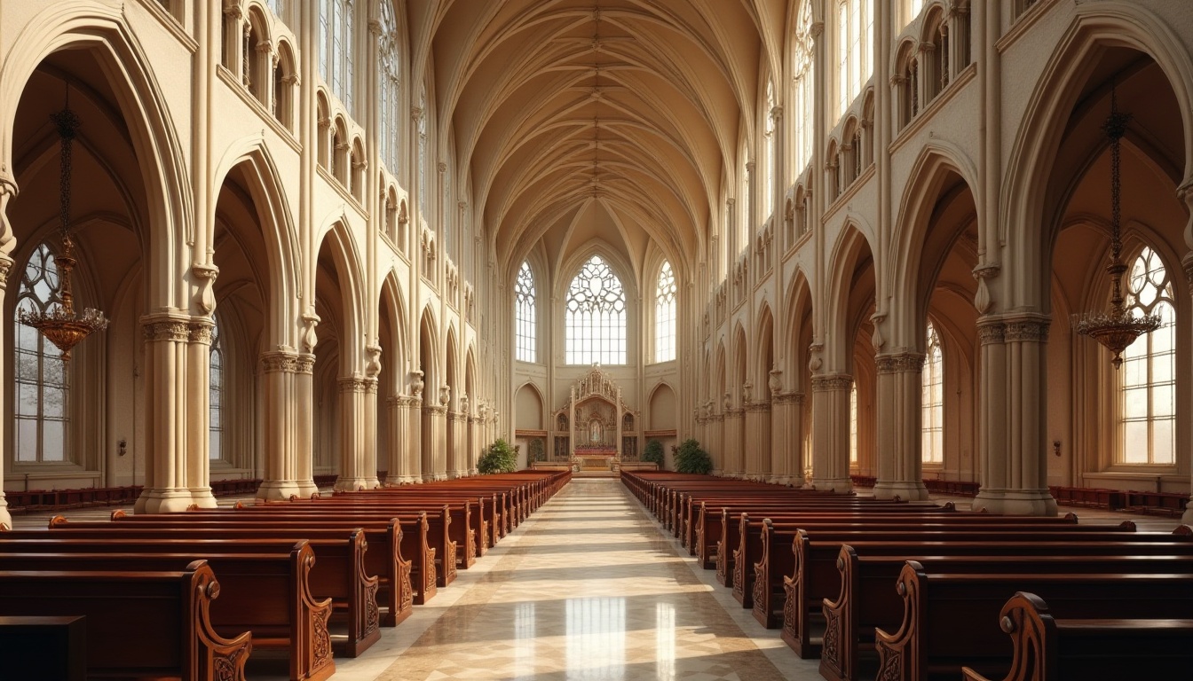 Prompt: Grand cathedral interior, vaulted ceilings, stained glass windows, ornate wooden pews, polished marble floors, subtle color palette, soft warm lighting, clerestory windows, diffused natural light, dramatic archways, symmetrical composition, 1/2 format, shallow depth of field, warm beige tones, intricate stone carvings, ornate chandeliers, subtle shadows, ambient occlusion.