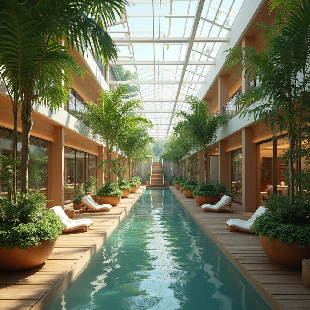 Prompt: Vibrant atrium, abundant natural light, lush greenery, sleek glass roofs, minimalist interior design, warm wooden accents, comfortable lounge seating, refreshing water features, calming ambiance, soft diffused lighting, 1/1 composition, realistic renderings, ambient occlusion.