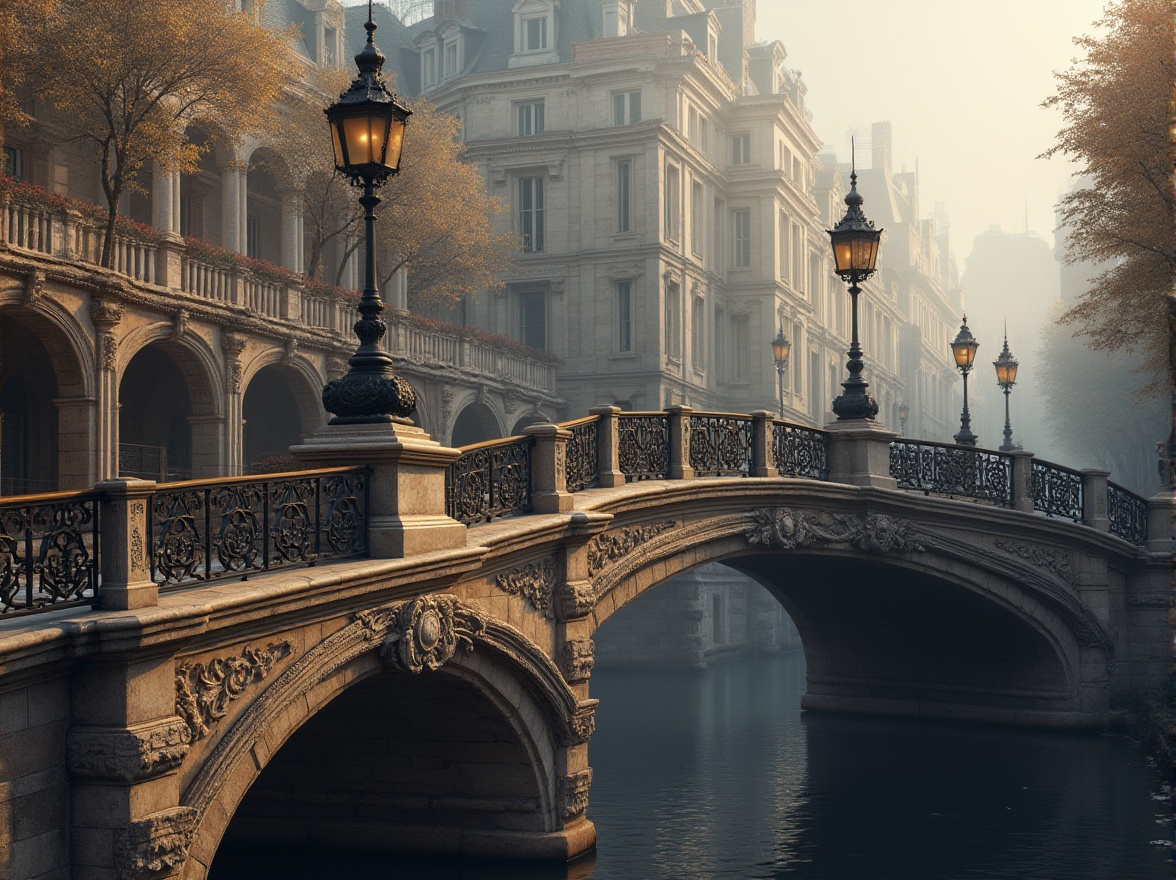 Prompt: Elegant bridge architecture, ornate stone carvings, grandiose arches, intricate metal railings, majestic lanterns, refined balustrades, ornamental lampposts, classicist columns, symmetrical facades, rusticated stonework, carved keystones, sweeping curves, dramatic lighting, misty atmosphere, soft focus, shallow depth of field, 2/3 composition, warm color palette, realistic textures, ambient occlusion.