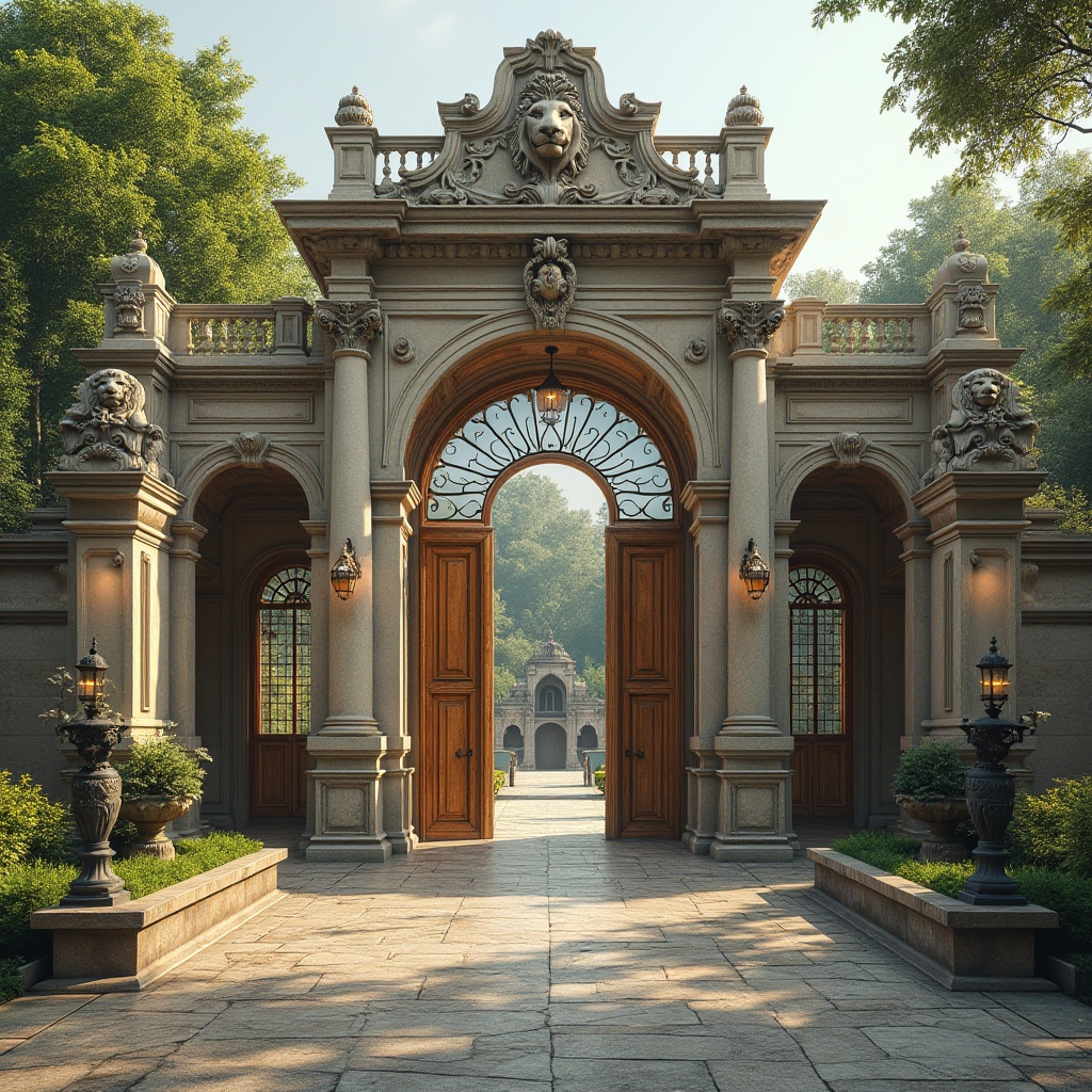 Prompt: Elegant zoo entrance, grandiose archways, ornate stone carvings, majestic lions' heads, intricate metalwork, rustic wooden doors, vintage lanterns, classic European architecture, symmetrical facades, balanced compositions, harmonious color schemes, natural stone textures, lush greenery surroundings, sunny afternoon light, warm soft shadows, 1/2 composition, realistic rendering, ambient occlusion.Please let me know if this meets your requirements!