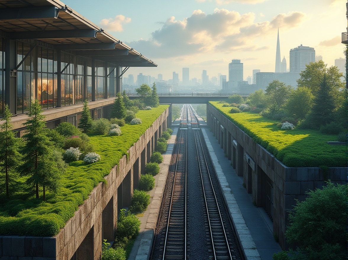 Prompt: Vibrant green roofs, lush vegetation, natural stone walls, modern train station architecture, sleek metal beams, large glass windows, panoramic city views, busy urban atmosphere, electric trains, railway tracks, comfortable waiting areas, futuristic interior design, ambient lighting, shallow depth of field, 3/4 composition, realistic textures, misty morning light, soft warm colors, dynamic urban scenery, intricate infrastructure systems.