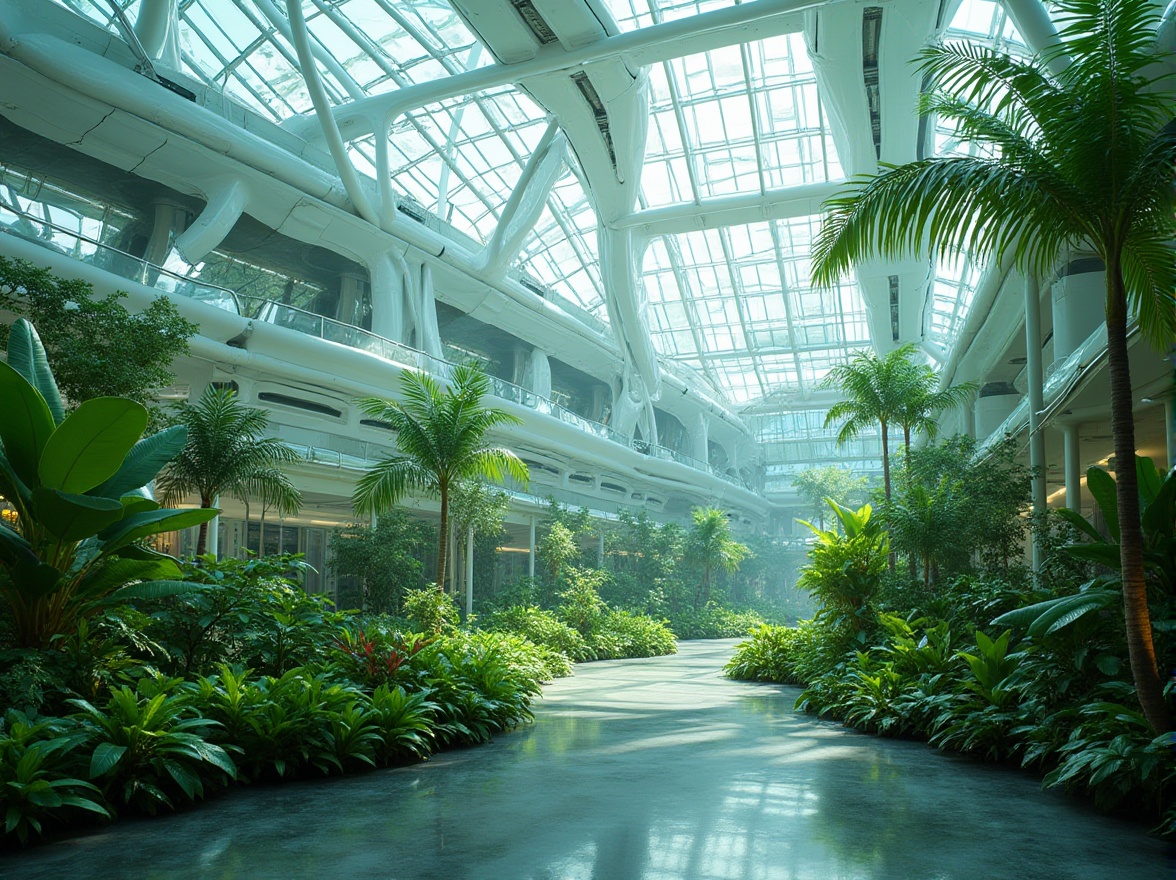 Prompt: Futuristic greenhouse, lush tropical plants, iridescent glass surfaces, hydroponic systems, aerodynamic curves, minimalist architecture, sustainable energy harvesting, solar panels, wind turbines, water conservation systems, green roofs, eco-friendly materials, innovative climate control technologies, misting systems, soft diffused lighting, shallow depth of field, 3/4 composition, panoramic view, realistic textures, ambient occlusion, organic shapes, futuristic metallic accents, neon-lit ambiance.