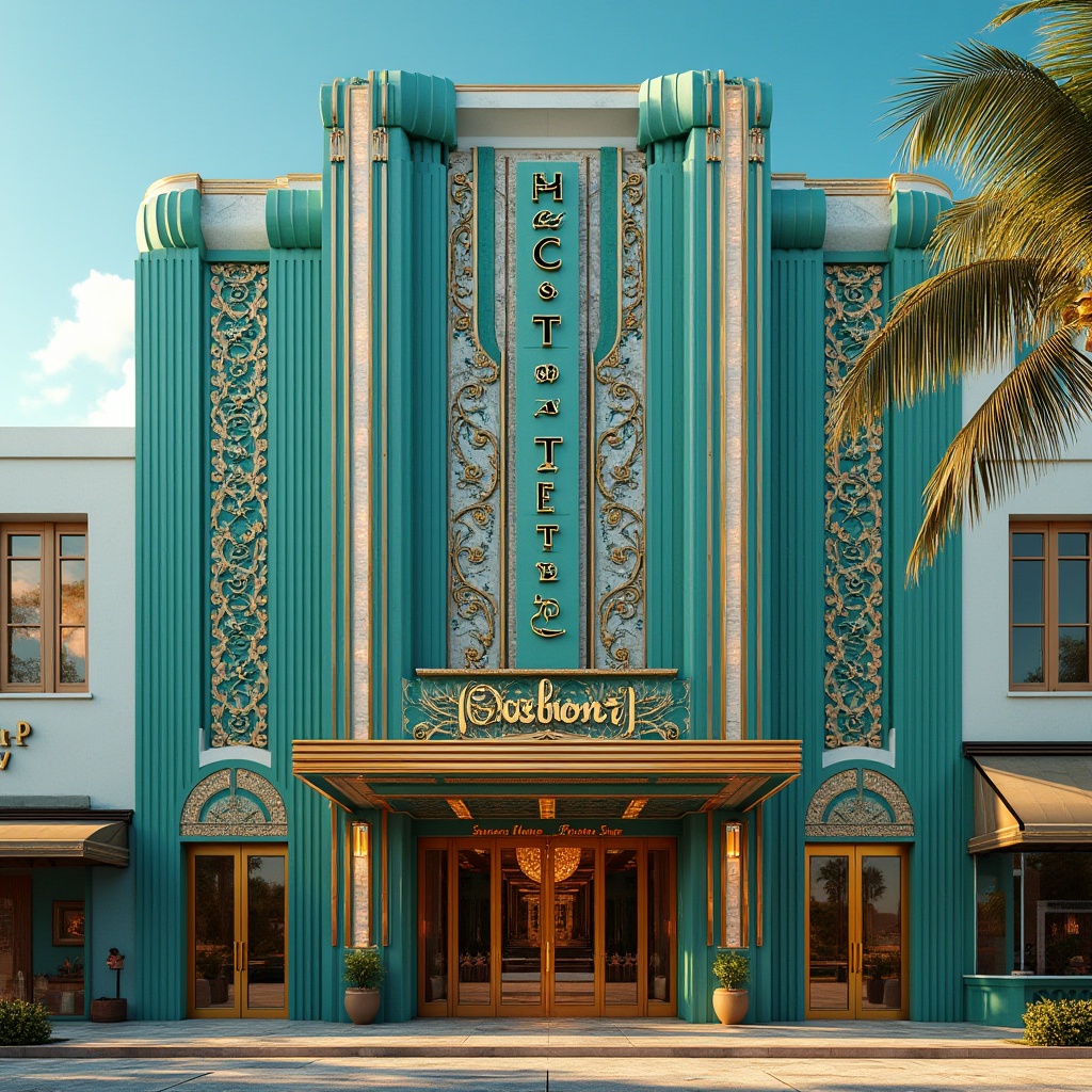 Prompt: Art Deco building facade, ornate metalwork, geometric patterns, luxurious materials, vibrant turquoise, rich gold accents, bold black outlines, opulent marble textures, glossy chrome details, stylized typography, lavish interior decor, sun-kissed Miami Beach backdrop, clear blue sky, warm golden lighting, shallow depth of field, 1/2 composition, realistic reflections, ambient occlusion.Let me know if you need any adjustments!