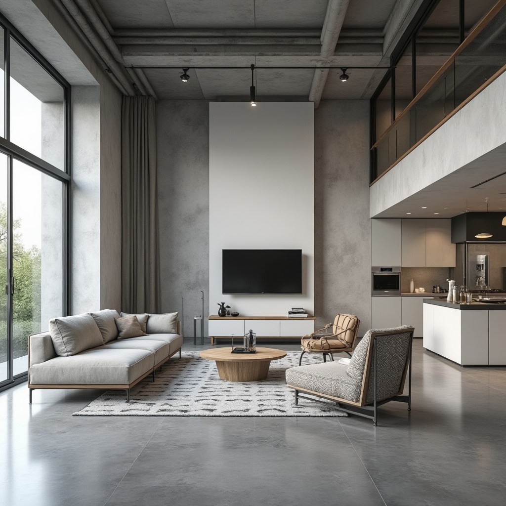 Prompt: Minimalist living room, sleek low-profile furniture, monochromatic color scheme, polished concrete floors, industrial metal beams, floor-to-ceiling windows, natural light, subtle texture variations, functional storage solutions, concealed appliances, compact workstations, ergonomic chairs, geometric patterned rugs, ambient soft lighting, 1/1 composition, shallow depth of field, realistic reflections.