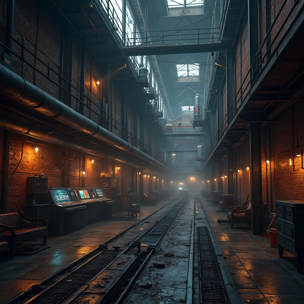 Prompt: Rustic factory setting, exposed brick walls, metallic beams, industrial pipes, vintage machinery, neon lights, futuristic control panels, sleek metal catwalks, grated floors, urban cityscape, gloomy overcast sky, dramatic spotlights, high contrast shading, cinematic composition, realistic rust textures, ambient occlusion.