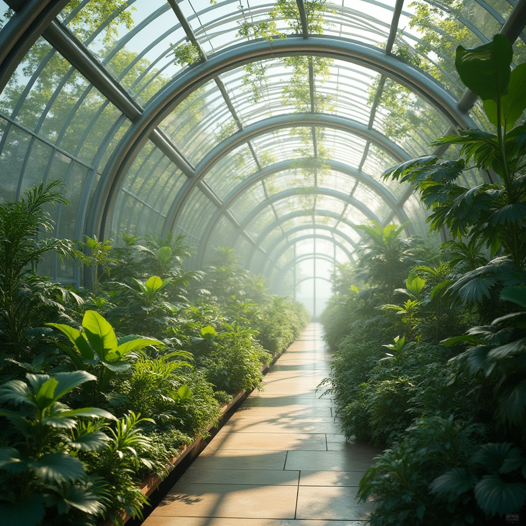 Prompt: Futuristic greenhouse, lush tropical plants, iridescent glass panels, curved metal frames, misting systems, self-sustaining ecosystem, futuristic agricultural technology, hydroponic farming, vertical gardens, ambient natural lighting, soft warm ambiance, shallow depth of field, 1/1 composition, panoramic view, realistic textures, ambient occlusion, serene atmosphere, innovative water conservation systems, eco-friendly materials, sustainable energy solutions, solar panels, wind turbines, minimalist design, sleek modern architecture, vibrant colorful accents.