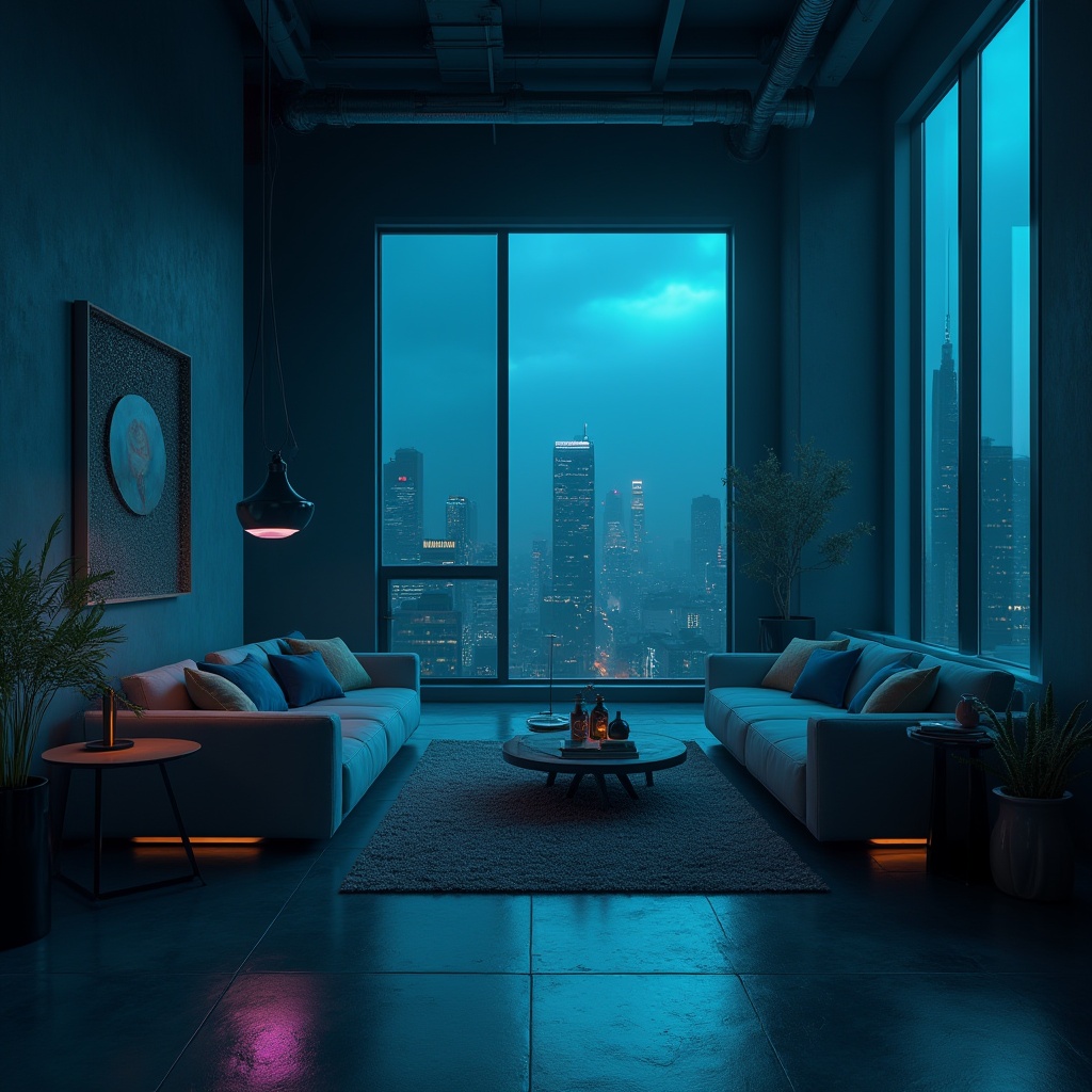 Prompt: Moody dark cyan walls, sleek modern furniture, metallic accents, minimalist decor, abstract artwork, floor-to-ceiling windows, cityscape views, urban loft atmosphere, industrial chic lighting, polished concrete floors, low-poly 3D models, atmospheric fog effects, cinematic color grading, deep blues and purples, neon-like highlights, subtle gradients, futuristic ambiance, dramatic shading, high-contrast ratios, mysterious mood, avant-garde style.