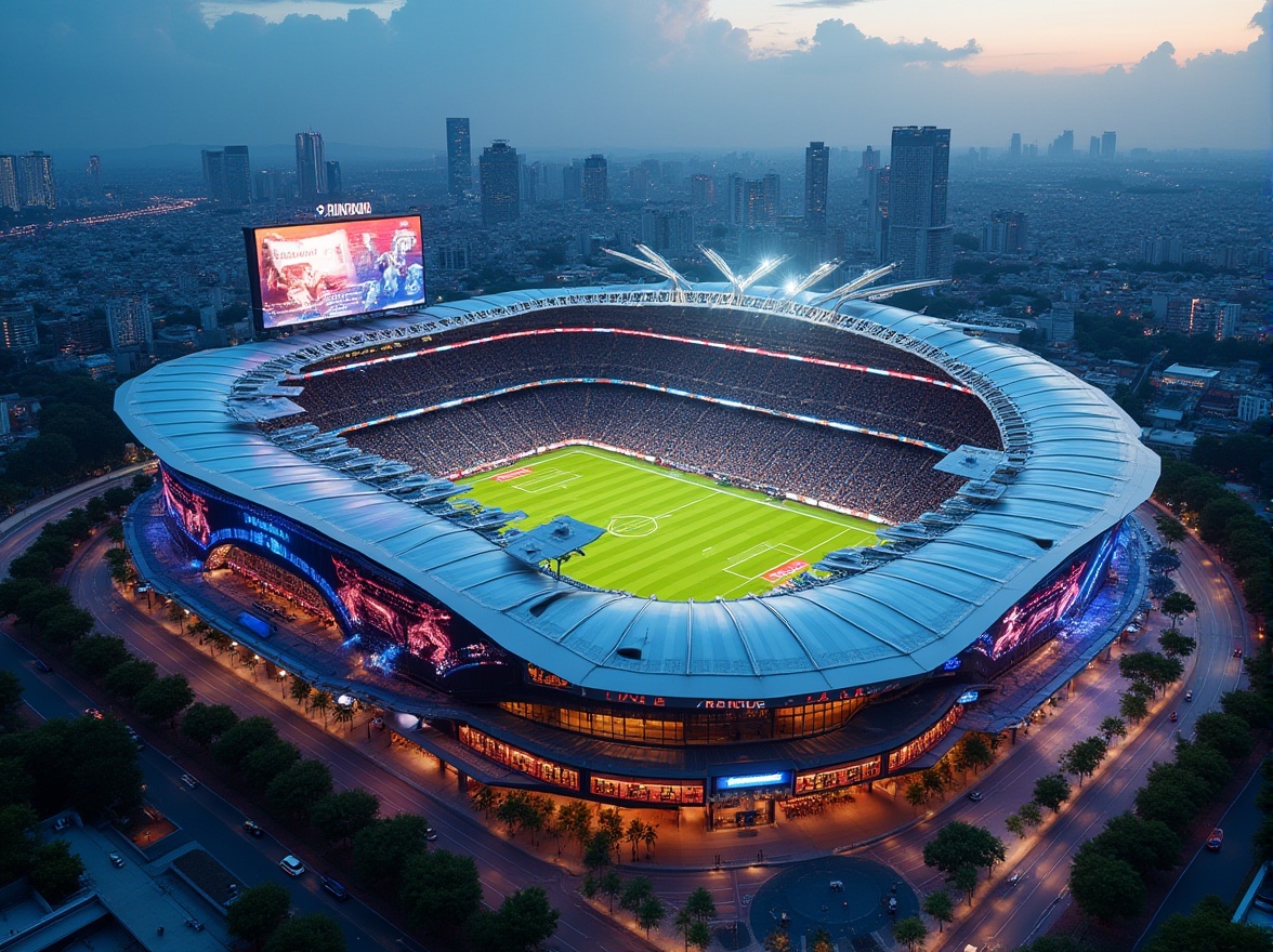 Prompt: Dynamic football stadium, angular futuristic facade, LED scoreboard displays, sleek metallic cladding, curved lines, cantilevered roofs, transparent glass walls, retractable seating systems, vibrant team color schemes, modern lighting installations, evening ambiance, shallow depth of field, 1/2 composition, panoramic view, realistic textures, ambient occlusion, urban cityscape background, bustling streets, surrounding skyscrapers.