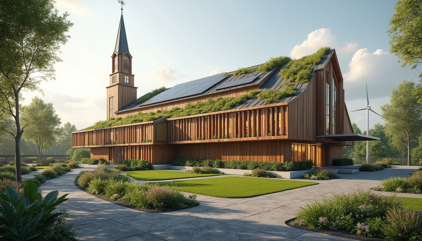 Prompt: Elegant church exterior, reclaimed wood facades, living green roofs, solar panels, wind turbines, rainwater harvesting systems, eco-friendly concrete foundations, natural stone pathways, stained glass windows, modern minimalist interior design, recycled metal accents, energy-efficient lighting systems, peaceful ambiance, soft warm lighting, 3/4 composition, panoramic view, realistic textures, ambient occlusion.