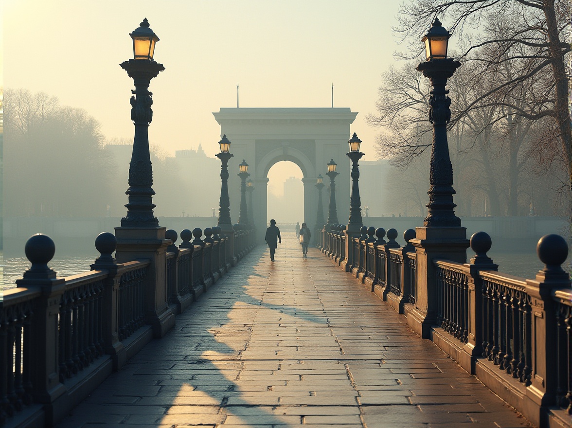 Prompt: Elegant pedestrian bridge, ornate iron railings, classic stone pillars, symmetrical arches, grandiose entrance gates, refined lanterns, intricate carvings, weathered bronze statues, majestic river views, serene urban surroundings, misty morning atmosphere, soft warm lighting, shallow depth of field, 3/4 composition, panoramic view, realistic textures, ambient occlusion.