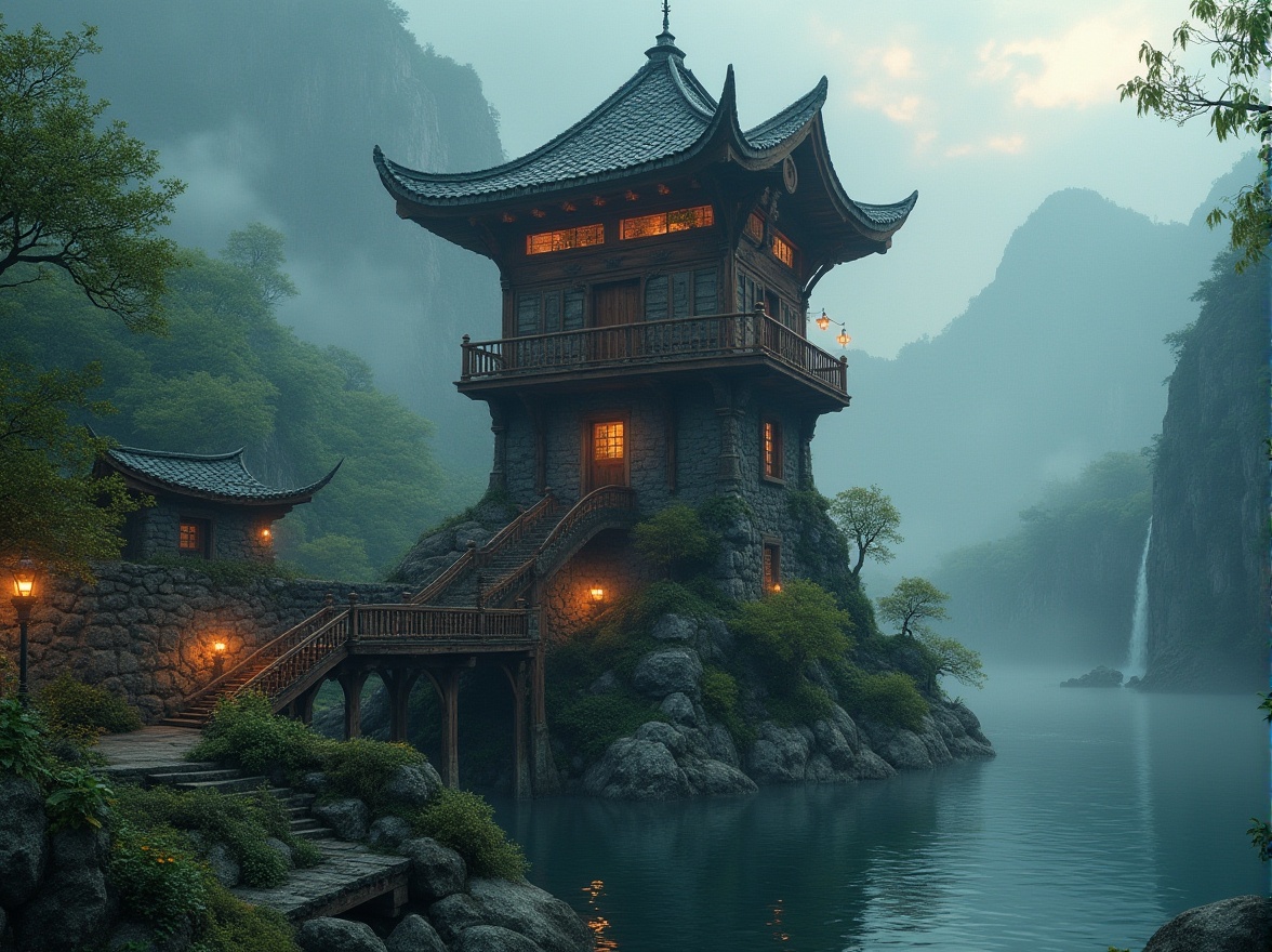 Prompt: Majestic watchtower, ancient stone walls, rustic wooden beams, winding staircases, mysterious lanterns, misty mountainside, lush green forests, sparkling waterfalls, serene lakeside, soft warm lighting, shallow depth of field, 1/1 composition, panoramic view, realistic textures, ambient occlusion.