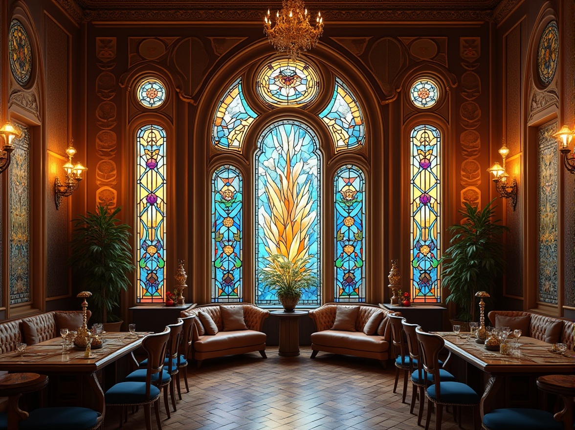 Prompt: Vibrant stained glass artwork, geometric patterns, Art Deco style, luxurious materials, ornate metal frames, intricate details, colorful glazes, opalescent effects, symmetrical compositions, lavish decorations, opulent interiors, glamorous architecture, grandiose chandeliers, elaborate furnishings, rich textures, metallic accents, warm golden lighting, shallow depth of field, 1/1 composition, realistic reflections, ambient occlusion.