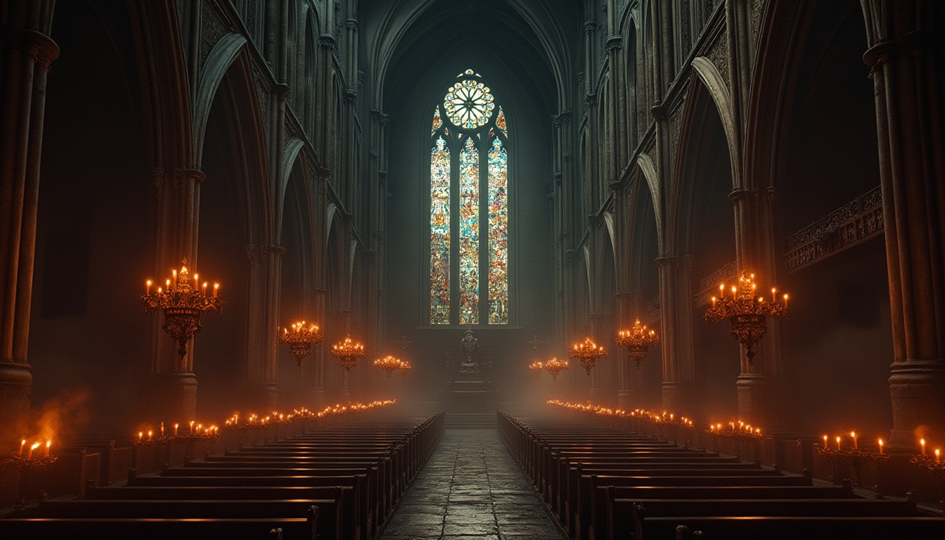 Prompt: Eerie cathedral interior, stained glass windows, warm candlelight, flickering torches, dramatic shadows, mysterious alcoves, grand chandeliers, ornate metalwork, vaulted ceilings, narrow pointed arches, gloomy atmospheric fog, subtle mist effects, warm golden lighting, soft eerie glow, high contrast ratios, intense beam lights, spotlights on intricate carvings, subtle ambient Occlusion.