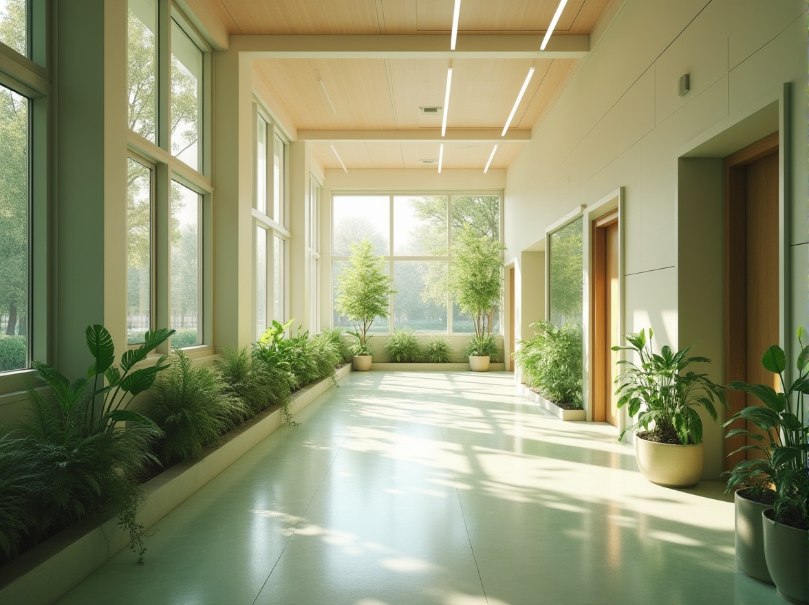 Prompt: Natural light-filled hospital corridors, calming green walls, recycled wood accents, energy-efficient LED lighting, minimalist decor, eco-friendly floorings, non-toxic paint finishes, large windows with natural ventilation, open spaces for patient relaxation, serene water features, native plant species, organic-shaped furniture, sustainable textiles, advanced air purification systems, antibacterial coatings, reduced waste management, recyclable medical equipment, innovative renewable energy solutions, modern minimalist architecture, soft warm color schemes, shallow depth of field, 3/4 composition, panoramic view, realistic textures, ambient occlusion.