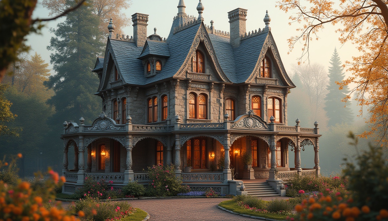 Prompt: Whimsical Victorian-era mansion, ornate stonework, delicate filigree, grand entranceways, sweeping arches, turrets, balconies, intricate wood carvings, stained glass windows, vibrant floral patterns, soft warm lighting, misty morning atmosphere, shallow depth of field, 1/1 composition, symmetrical framing, rich textures, ambient occlusion.