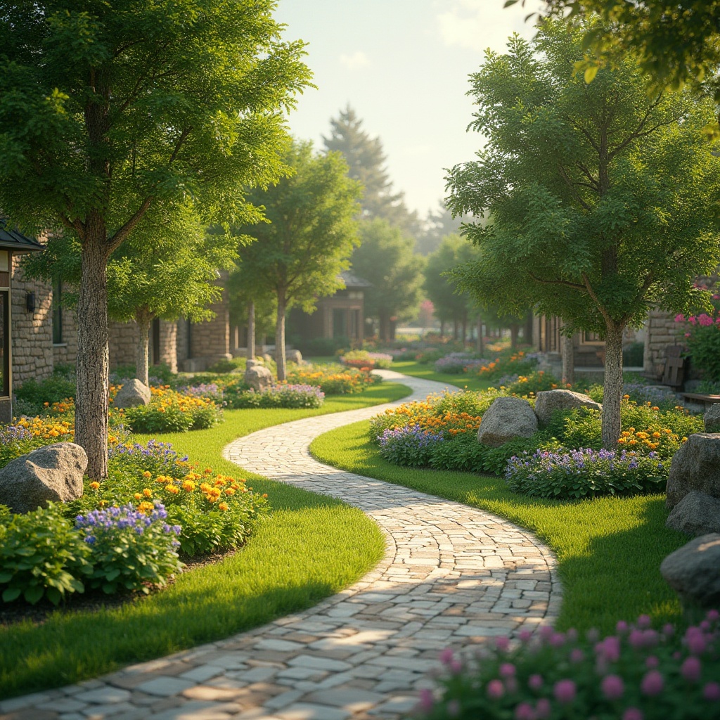 Prompt: Serenely curved pathways, lush green lawns, vibrant flowerbeds, towering trees, natural stone walls, wooden benches, meandering streams, rustic bridges, blooming gardens, sunny afternoon, soft warm lighting, shallow depth of field, 3/4 composition, panoramic view, realistic textures, ambient occlusion, organic shapes, earthy tones, eco-friendly materials, sustainable design solutions.