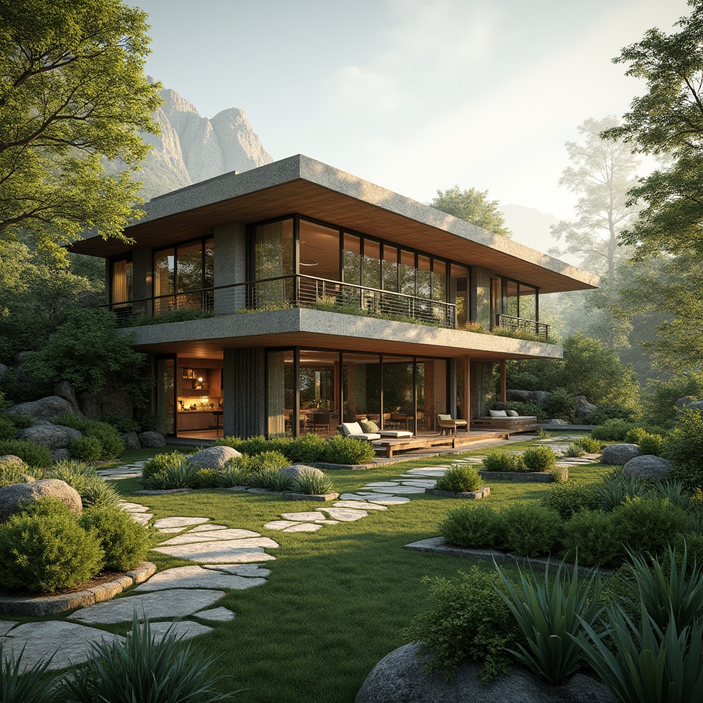 Prompt: Harmonious modern residence, blending into lush green surroundings, natural stone fa\u00e7ade, floor-to-ceiling windows, seamless indoor-outdoor transition, vibrant botanical garden, meandering walkways, rustic wooden accents, earthy color palette, soft warm lighting, shallow depth of field, 3/4 composition, panoramic view, realistic textures, ambient occlusion.