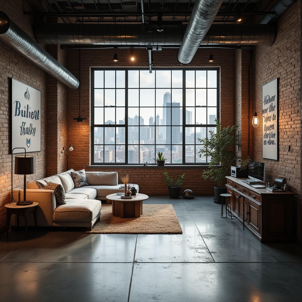 Prompt: Industrial chic loft, exposed brick walls, polished concrete floors, minimalist decor, functional open space, natural light pouring in, large windows, metal beams, reclaimed wood accents, urban cityscape views, modernist architecture, sleek lines, monochromatic color scheme, bold typography, vintage industrial lighting, eclectic art pieces, cozy reading nooks, plush area rugs, warm atmospheric ambiance, softbox lighting, 1/2 composition, cinematic view.