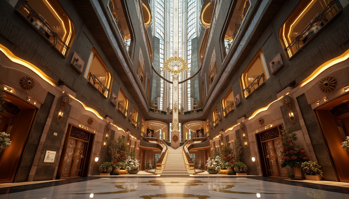 Prompt: Luxurious skyscraper, metallic facade, ornate geometric patterns, zigzag motifs, chevron designs, stylized florals, bold typography, lavish materials, polished marble floors, intricate metalwork, ornate elevator doors, opulent chandeliers, sunburst clocks, circular staircases, curved lines, stepped silhouettes, dramatic lighting, low-angle shots, cinematic composition, high-gloss finishes, metallic accents, rich jewel tones.