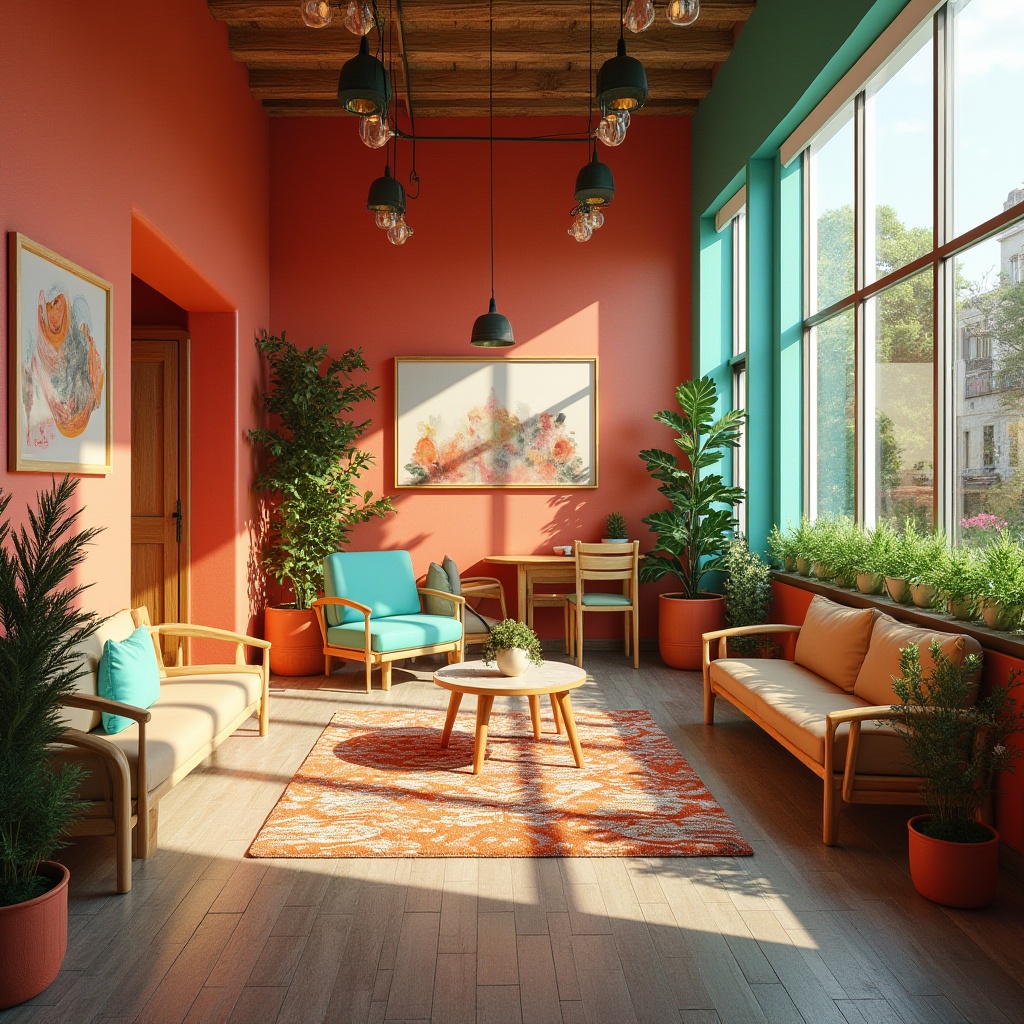 Prompt: Vibrant community center, warm earthy tones, bright coral walls, playful turquoise accents, natural wood textures, cozy communal spaces, lush green rooftops, eclectic furniture, patterned rugs, abstract artwork, urban cityscape, sunny afternoon, soft warm lighting, shallow depth of field, 1/1 composition, realistic textures, ambient occlusion.