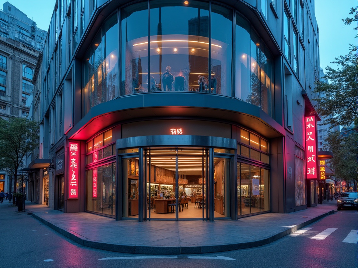 Prompt: Modern commercial building, sleek glass facade, polished metal accents, minimalist entrance, automatic sliding doors, LED signage, vibrant neon lights, urban cityscape, busy streets, daytime atmosphere, shallow depth of field, 3/4 composition, panoramic view, realistic reflections, ambient occlusion.