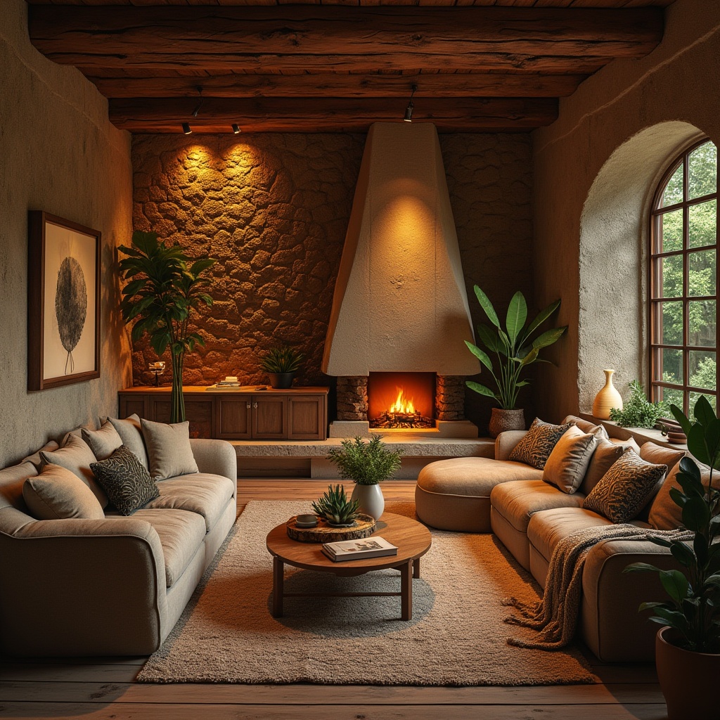 Prompt: Warm inviting atmosphere, textured stone walls, rustic wooden accents, comfortable seating areas, cozy fireplaces, soft warm lighting, natural materials, earthy color palette, organic shapes, curved lines, intimate spaces, plush furniture, vibrant greenery, decorative plants, intricate patterns, rich fabrics, ambient shadows, shallow depth of field, 1/1 composition, realistic renderings.