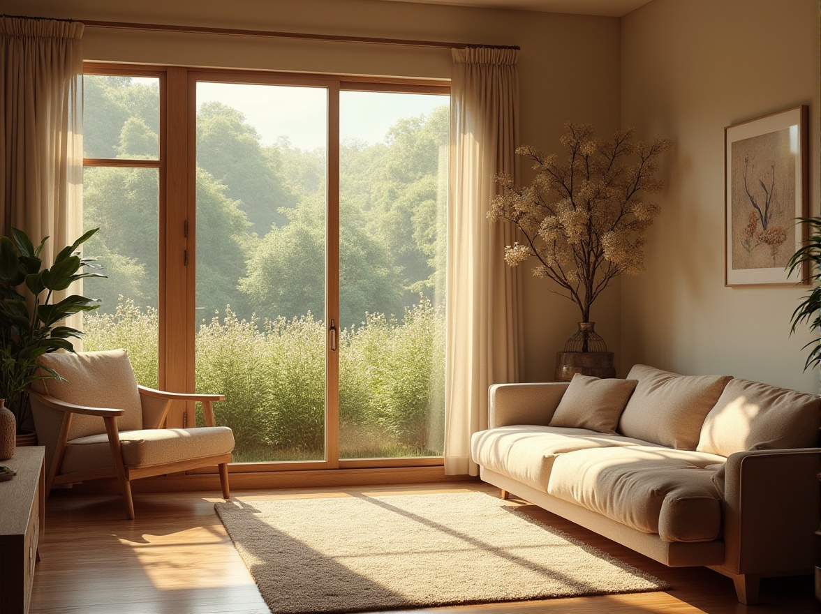 Prompt: Cozy living room, large windows, soft warm lighting, natural ventilation, earthy tone walls, wooden flooring, greenery views, blooming flowers, sunny day, gentle breeze, sheer curtains, minimalist decor, ambient occlusion, 3/4 composition, realistic textures, shallow depth of field.