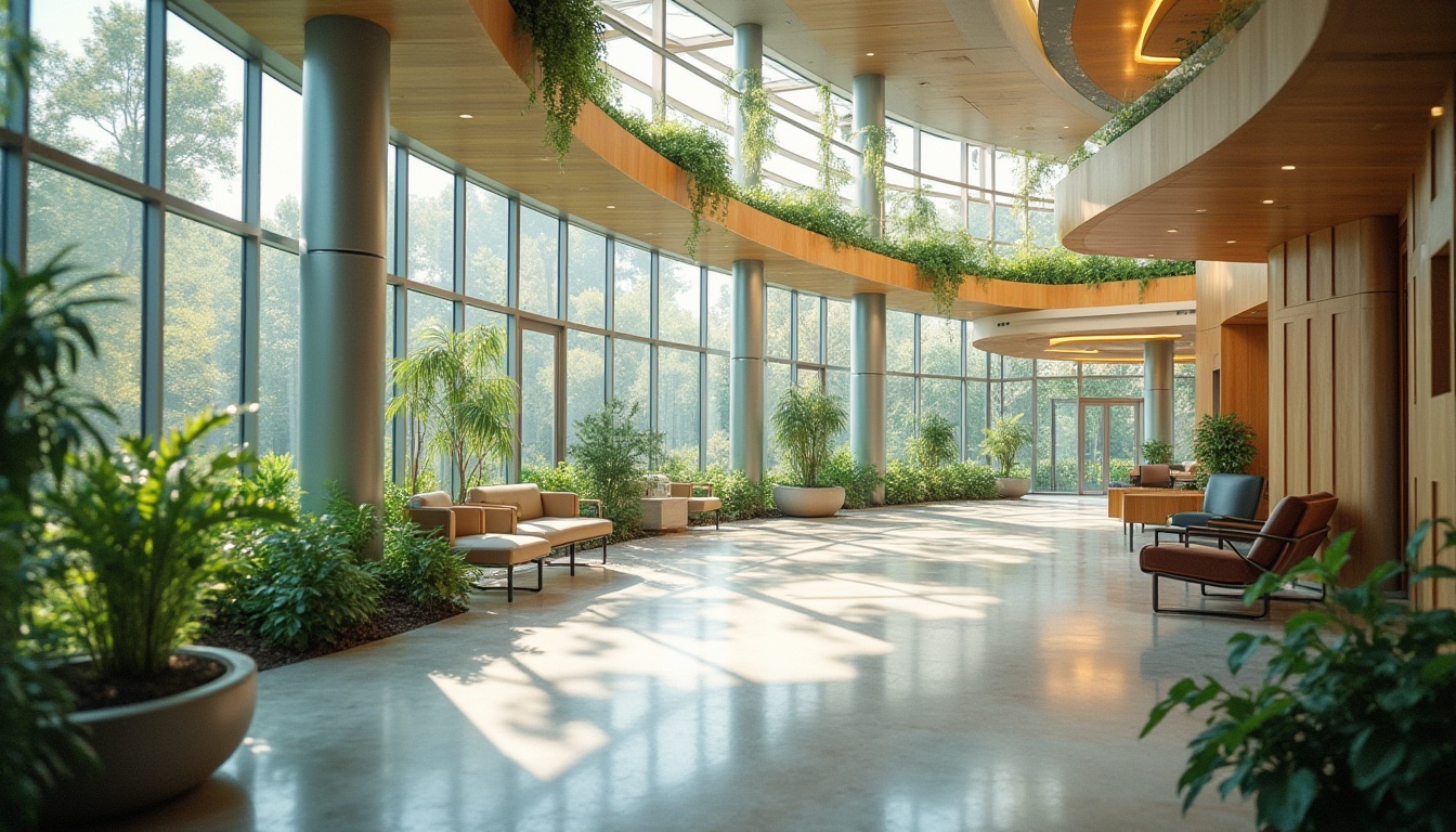 Prompt: Eco-friendly hospital, natural lighting, reclaimed wood accents, low-VOC paints, recycled glass surfaces, energy-efficient systems, solar panels, green roofs, living walls, organic gardens, serene water features, minimalist decor, calming color schemes, comfortable furnishings, acoustic ceilings, sound-absorbing materials, modern medical equipment, stainless steel fixtures, antibacterial coatings, airy corridors, spacious waiting areas, circular columns, natural stone flooring, warm ambient lighting, shallow depth of field, 1/2 composition.