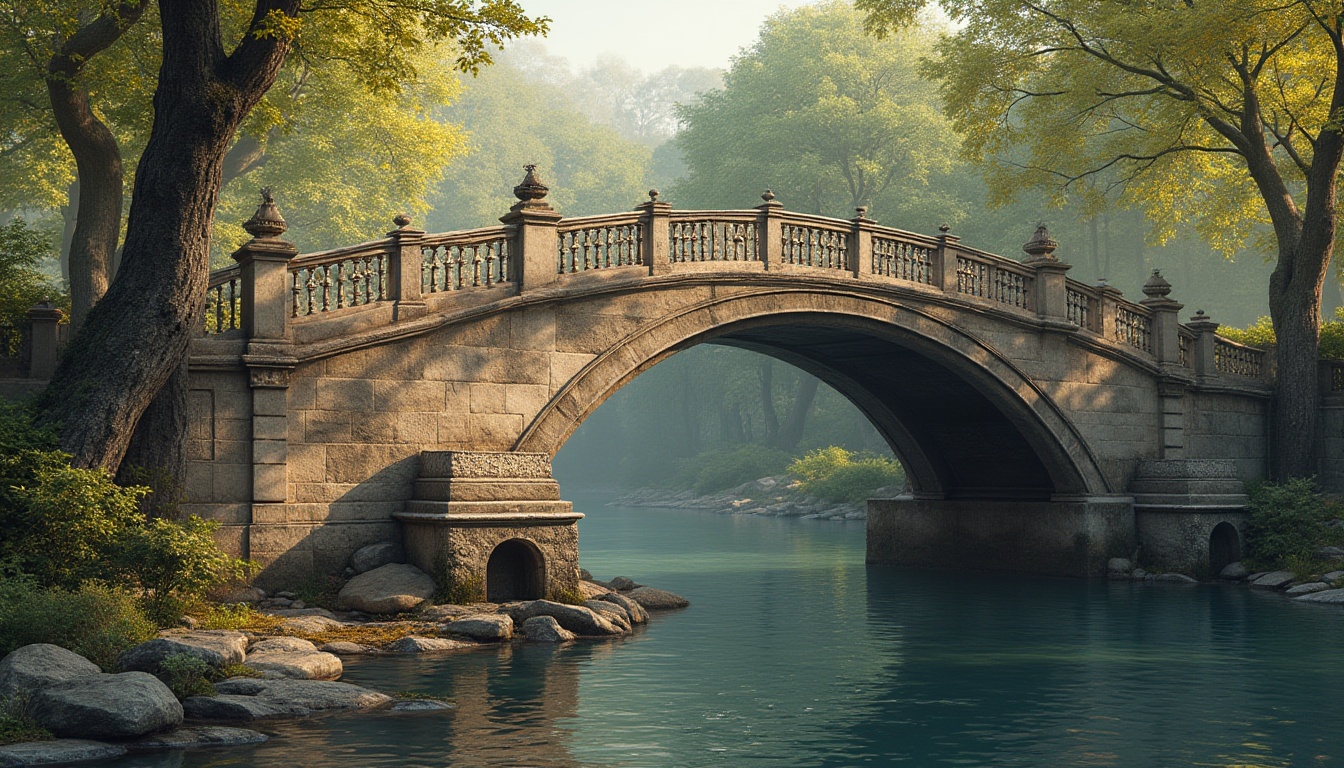 Prompt: Elegant pedestrian bridges, ornate stone balustrades, classical arches, symmetrical compositions, grandiose columns, carved stonework, intricate moldings, rustic iron railings, weathered bronze details, subtle lighting effects, soft warm ambiance, 1/1 composition, realistic textures, ambient occlusion, serene river views, lush greenery surroundings, tranquil water reflections.