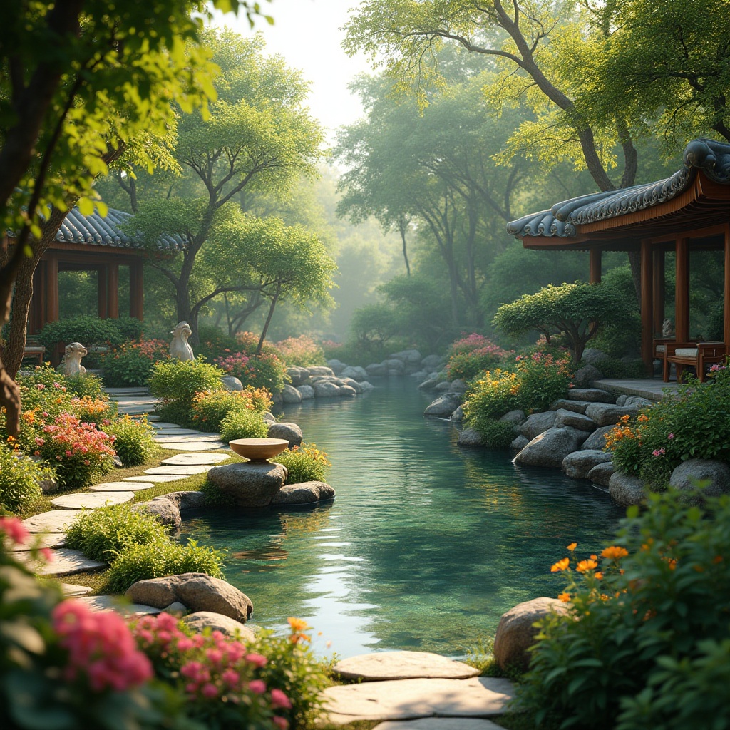 Prompt: Sacred gardens, serene water features, lush greenery, vibrant flowers, meandering pathways, natural stone walkways, wooden benches, peaceful sculptures, soothing sound effects, gentle breeze, warm sunlight, soft warm lighting, shallow depth of field, 3/4 composition, panoramic view, realistic textures, ambient occlusion.