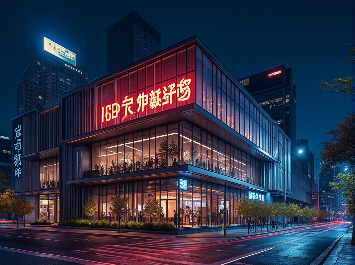 Prompt: Modern fitness club, sleek glass facade, metallic frames, bold LED signage, illuminated entrance, angular lines, dynamic shapes, high-performance materials, futuristic architecture, urban cityscape, bustling streets, vibrant nightlife, neon lights, shallow depth of field, 1/2 composition, realistic reflections, ambient occlusion.