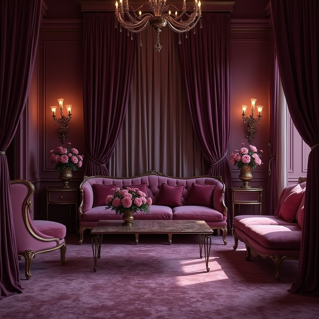 Prompt: Rich plum tones, luxurious velvet fabrics, warm golden lighting, ornate metal accents, lavish furnishings, opulent interior design, regal purple hues, deep berry shades, soft blush undertones, creamy whites, subtle bronze metallics, intricate patterns, Baroque-inspired motifs, dramatic drapery, mysterious ambiance, cinematic low-key lighting, 1/1 composition, realistic textures, ambient occlusion.