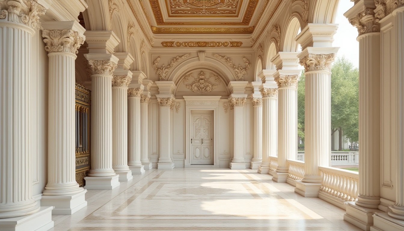 Prompt: Grandiose columns, ornate details, symmetrical facades, soft cream hues, warm beige tones, rich gold accents, deep blue undertones, subtle ivory shades, elegant marble textures, intricate moldings, ornamental carvings, refined stucco finishes, classical proportions, harmonious balance, serene natural lighting, shallow depth of field, 2/3 composition, realistic reflections, ambient occlusion.