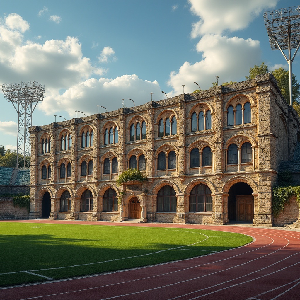 Prompt: Rustic sports arena, ancient Romanesque fa\u00e7ade, arched windows, ornate stone carvings, grand entrance gates, weathered bronze details, earthy tone stonework, vibrant green turf, athletic track lanes, sports equipment, modern floodlights, cloudy blue sky, warm afternoon lighting, shallow depth of field, 2/3 composition, cinematic view, realistic textures, ambient occlusion.