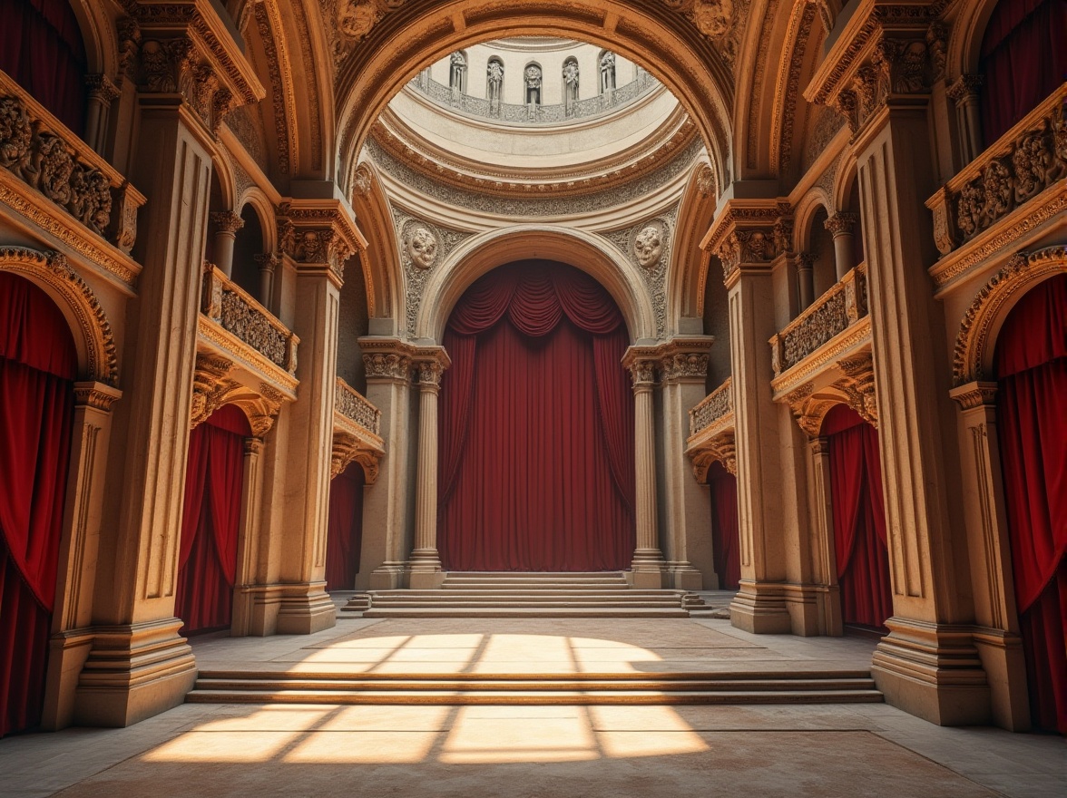 Prompt: Ancient Roman amphitheater, ornate stone carvings, grandiose arches, red velvet curtains, gilded accents, marble floors, elevated stage, curved seating areas, precise acoustic engineering, optimal sound resonance, natural echo reduction, warm golden lighting, subtle shadows, 1/2 composition, symmetrical framing, cinematic depth of field, realistic stone textures, ambient atmospheric effects.