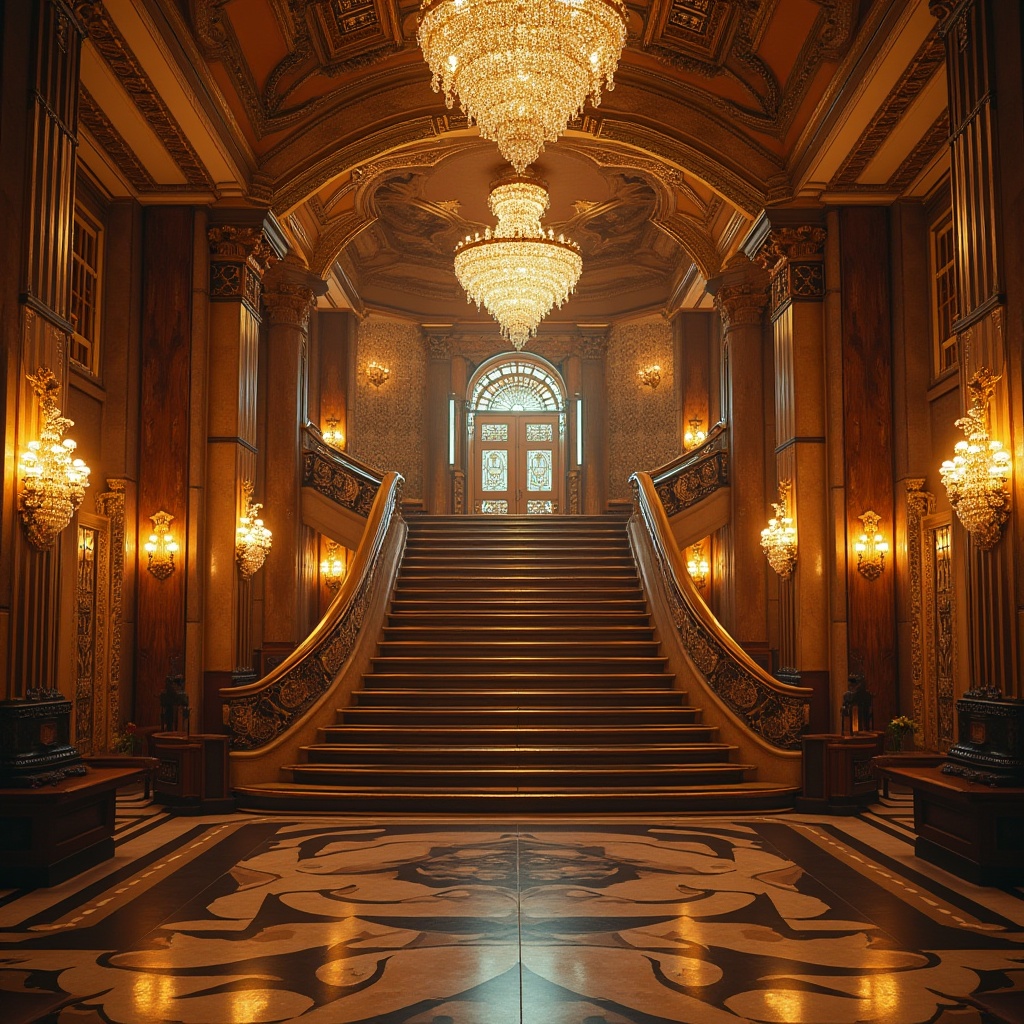 Prompt: Luxurious art deco building, ornate metallic details, lavish chandeliers, sconce lighting, geometric patterned floors, rich wood paneling, opulent marble columns, grand staircases, dramatic ceiling heights, ornamental metalwork, glamorous crystal fixtures, warm golden lighting, soft spotlighting, ambient glow, 3/4 composition, low-angle shot, cinematic atmosphere, high-contrast ratio, deep depth of field.