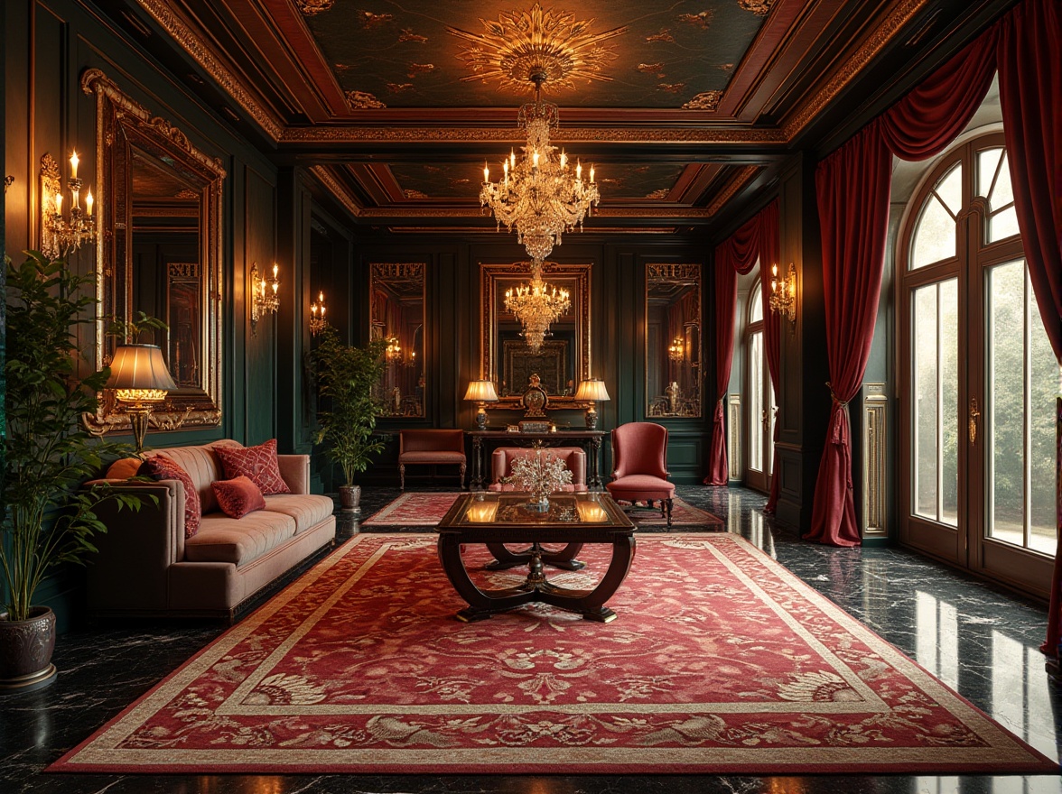 Prompt: Opulent Art Deco mansion, lavish interior, rich jewel-toned colors, geometric patterned rugs, metallic accents, ornate mirrors, luxurious fabrics, velvet drapes, polished marble floors, intricate moldings, gilded details, statement chandeliers, sunburst motifs, bold typography, curved lines, glamorous ambiance, dramatic lighting, shallow depth of field, 1/1 composition, high-contrast rendering, realistic reflections.