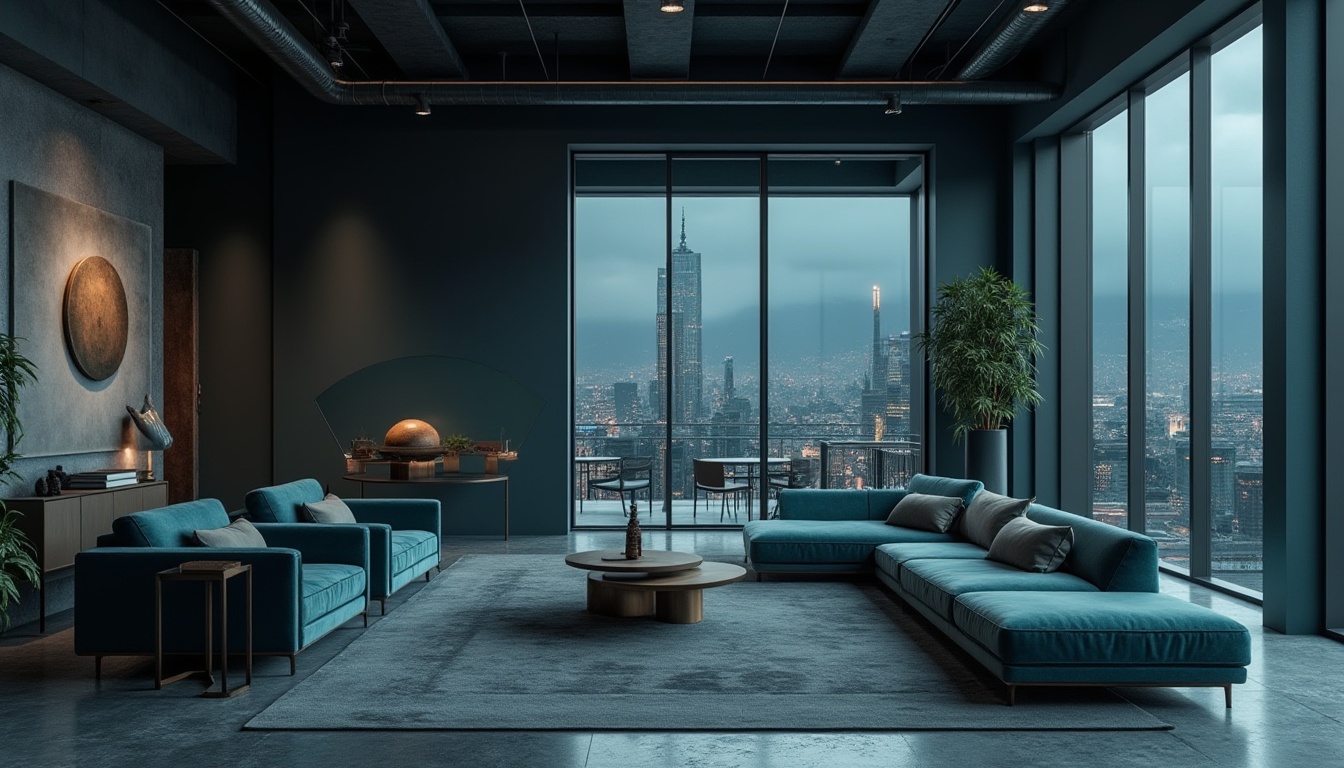 Prompt: Dark cyan walls, sleek modern furniture, metallic accents, floor-to-ceiling windows, urban cityscape views, moody atmospheric lighting, dramatic shadows, high-gloss finishes, luxurious textiles, subtle geometric patterns, abstract art pieces, minimalist decor, low-profile seating, polished concrete floors, industrial-chic aesthetic, muted color scheme, deep blue undertones, rich charcoal grays, sophisticated ambiance, cinematic wide-angle shot, 1/2 composition, shallow depth of field, warm soft focus.