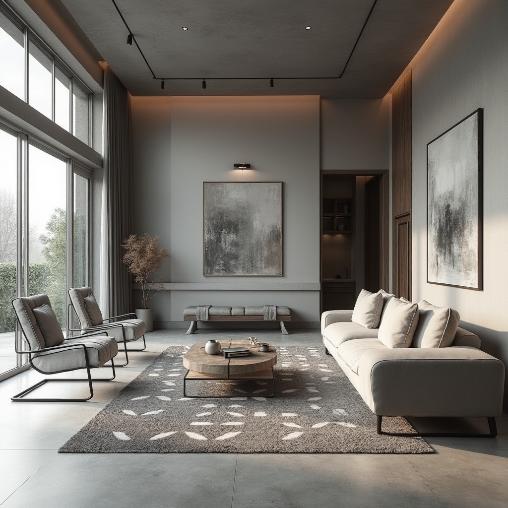 Prompt: Minimalist living room, sleek low-profile furniture, monochromatic color scheme, polished concrete floors, geometric patterned rugs, floor-to-ceiling windows, sliding glass doors, abundant natural light, indirect soft lighting, open-plan layout, functional simplicity, industrial-chic decor, metallic accents, reclaimed wood features, bold abstract artwork, statement light fixtures, 1/1 composition, shallow depth of field, realistic textures.