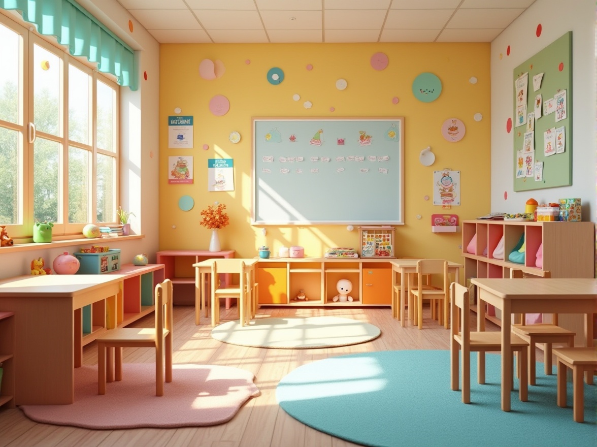 Prompt: Vibrant kindergarten classroom, bright primary colors, soft pastel hues, playful polka dots, whimsical wall murals, educational charts, colorful rugs, kid-friendly furniture, wooden tables, tiny chairs, cubby holes, toy storage bins, natural light pouring in, warm cozy atmosphere, gentle diffused lighting, shallow depth of field, 1/1 composition, realistic textures, ambient occlusion.