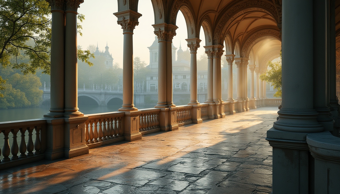 Prompt: Elegant bridge architecture, neoclassical columns, ornate iron railings, grand arches, carved stone decorations, intricate moldings, subtle lighting, misty morning atmosphere, serene river views, lush greenery surroundings, worn stone walkways, symmetrical composition, shallow depth of field, 1/2 perspective, warm golden lighting, soft focus effect.