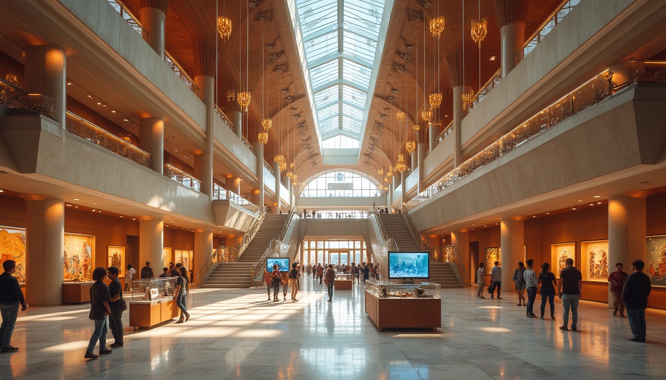 Prompt: Vibrant cultural center, grand atrium, sweeping staircases, elegant chandeliers, polished marble floors, ornate ceilings, spacious exhibition halls, interactive display screens, modern art installations, diverse cultural artifacts, warm ambient lighting, shallow depth of field, 1/2 composition, panoramic view, realistic textures, ambient occlusion.