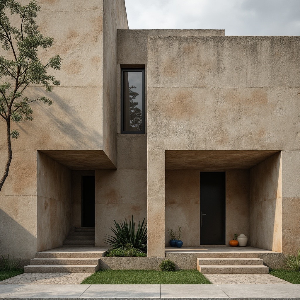 Prompt: Lavacrete architectural facade, rough-hewn stone texture, earthy brown color palette, organic irregular patterns, natural weathered appearance, modern brutalist style, industrial-chic aesthetic, urban cityscape background, overcast sky, dramatic shadows, high-contrast lighting, shallow depth of field, 2/3 composition, realistic render, ambient occlusion.